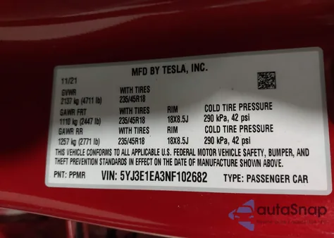 2022 Tesla Model 3 Rear-Wheel Drive from USA, damaged, VIN 5YJ3E1EA3NF102682